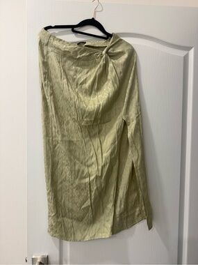 Lulu's Light Olive Satin High-Low Midi Skirt with Knot